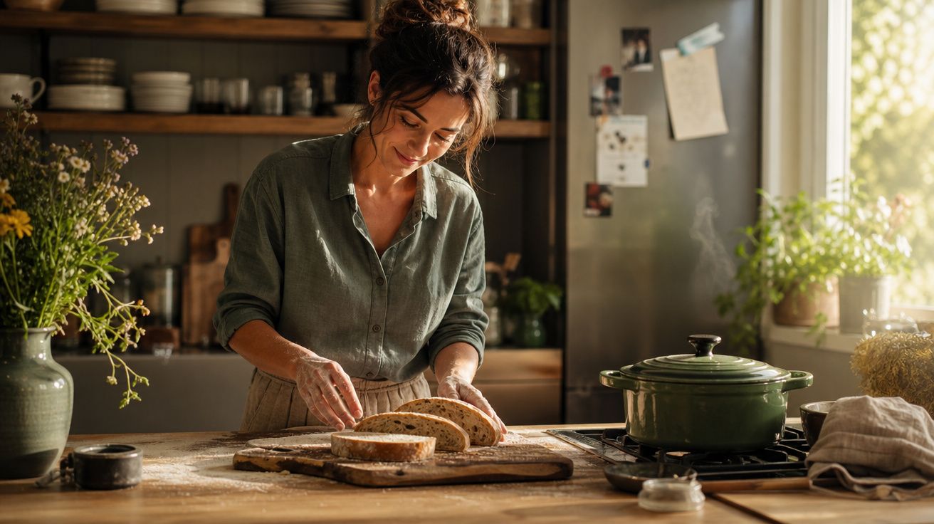 Mulher a cortar pão em cozinha rústica iluminada, com flores e utensílios ao fundo.