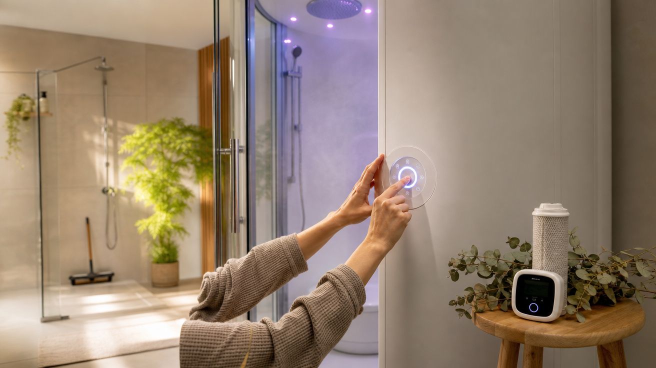 Pessoa a usar controlo touch para ligar chuveiro moderno numa casa de banho com decoração natural.