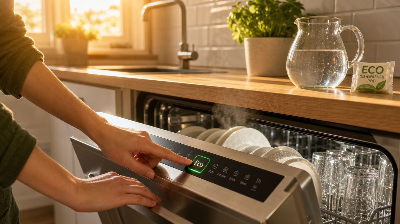 Pessoa a ligar a máquina de lavar loiça no modo económico numa cozinha iluminada a luz natural