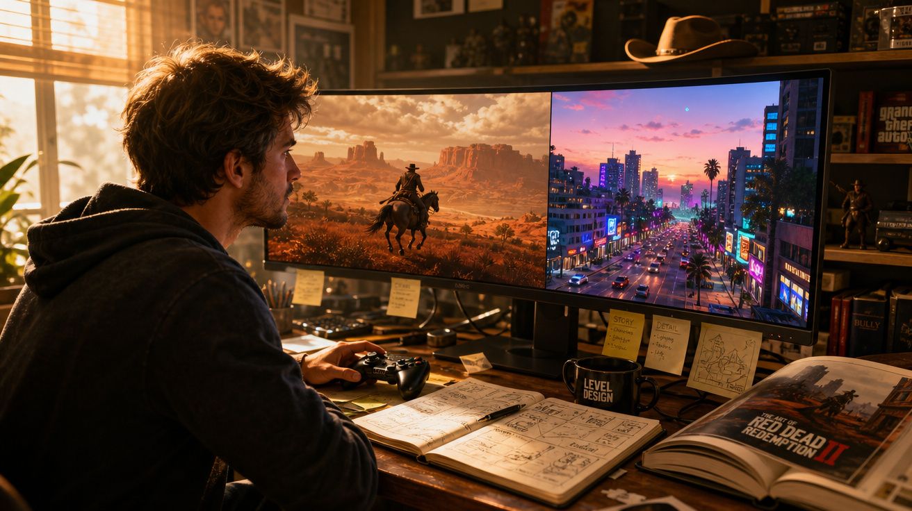 Homem a jogar videojogos com comando, frente a ecrã duplo com cenas de videojogos e caderno de notas aberto.