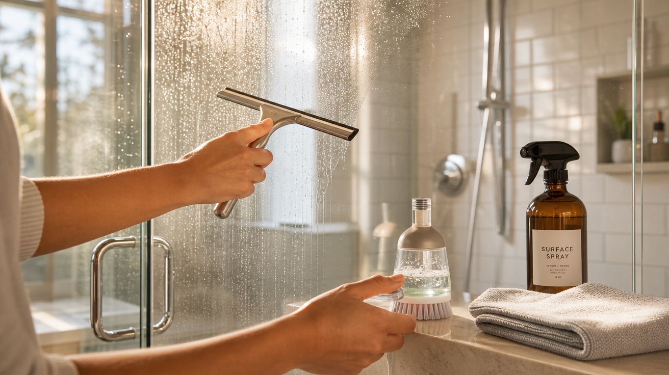 Pessoa a limpar vidro de casa de banho com rodo, spray e escova, à luz natural.