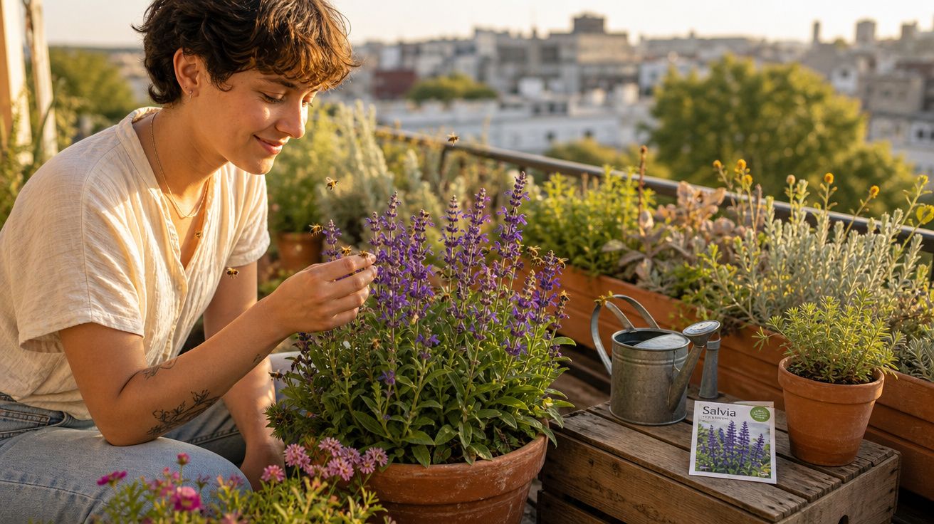Pessoa a cuidar de plantas num terraço com flores e um regador ao entardecer.