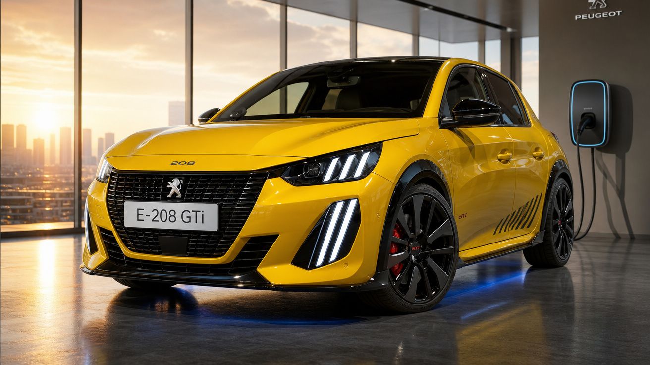 Peugeot E-208 GTi amarelo elétrico estacionado em garagem moderna com carregador elétrico na parede.