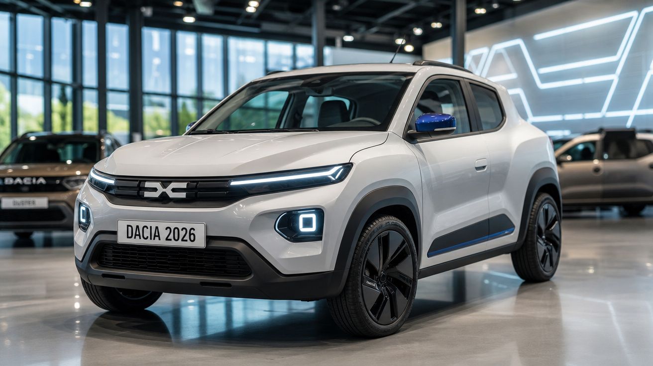 Automóvel branco Dacia 2026 em exposição numa sala moderna com chão brilhante.