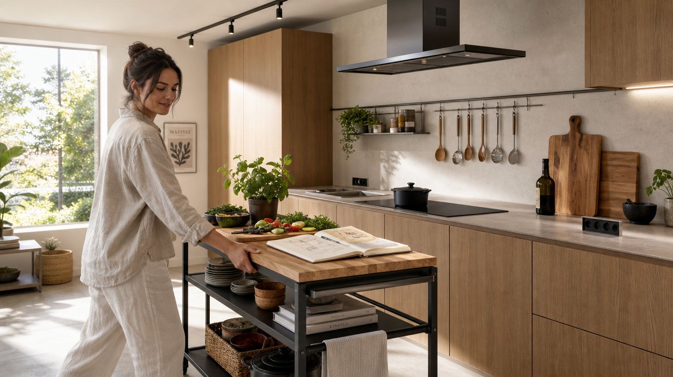 Mulher numa cozinha moderna com ilha e legumes frescos, luz natural entra por janela ampla.