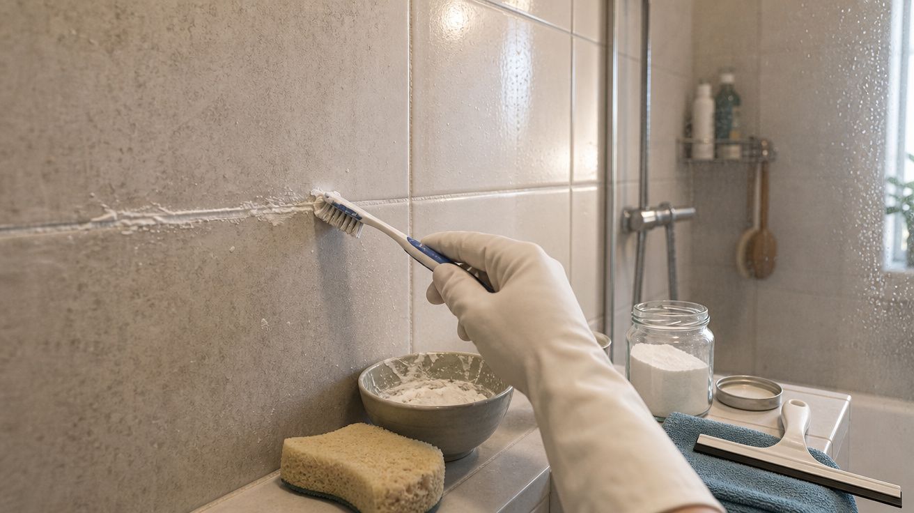 Pessoa a limpar rejunte de azulejos numa casa de banho com escova e luva de borracha.