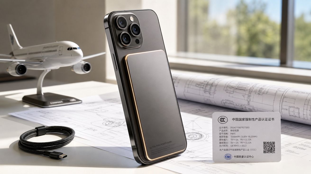 Telemóvel com power bank magnético e cargador USB sobre folhas técnicas e modelo de avião em ambiente iluminado.