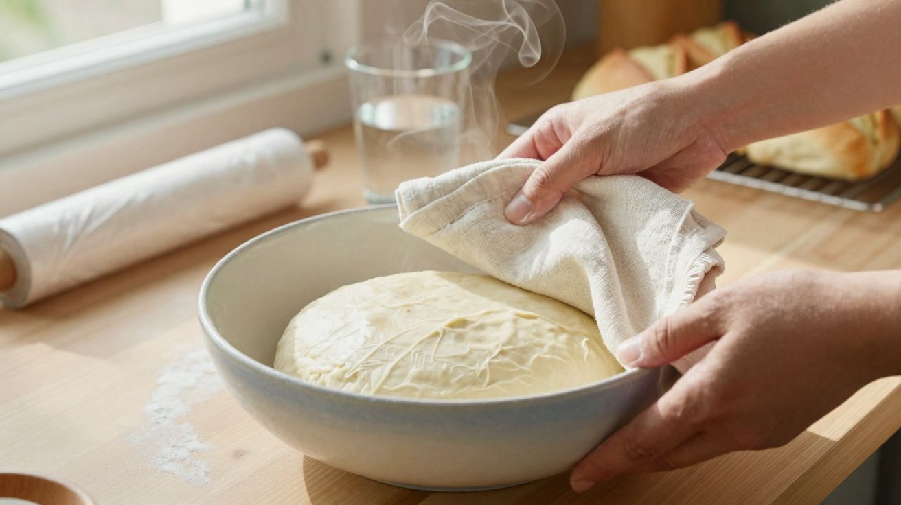 Mãos a cobrir massa de pão crescida com um pano numa tigela numa bancada de cozinha quente.