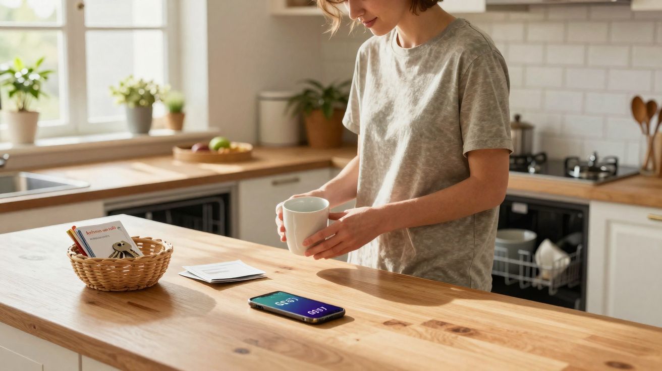 Pessoa de pé na cozinha segurando uma caneca, com smartphone e cestos sobre a bancada de madeira.