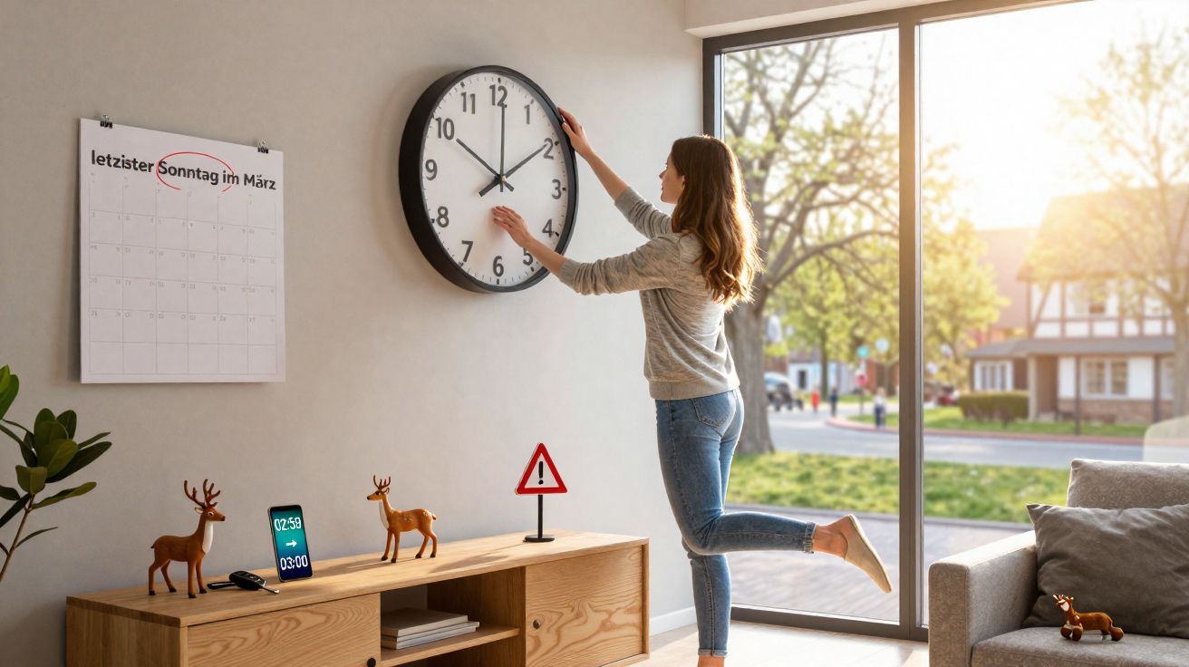 Mulher ajusta relógio de parede grande numa sala iluminada, com calendário, decoração de veados e janela grande.