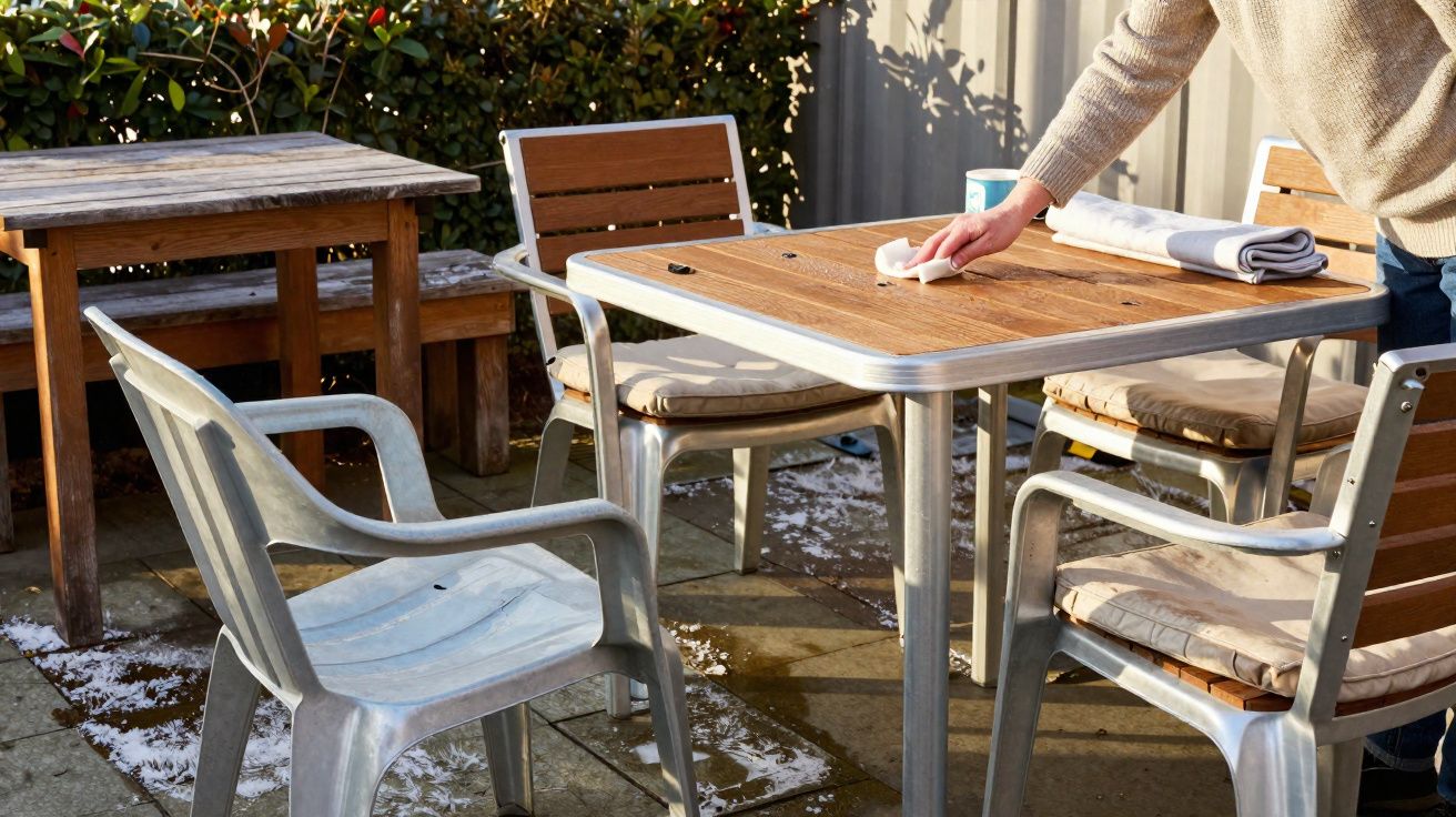 Pessoa a limpar a mesa de madeira no exterior com cadeiras e banco ao redor num jardim ensolarado.