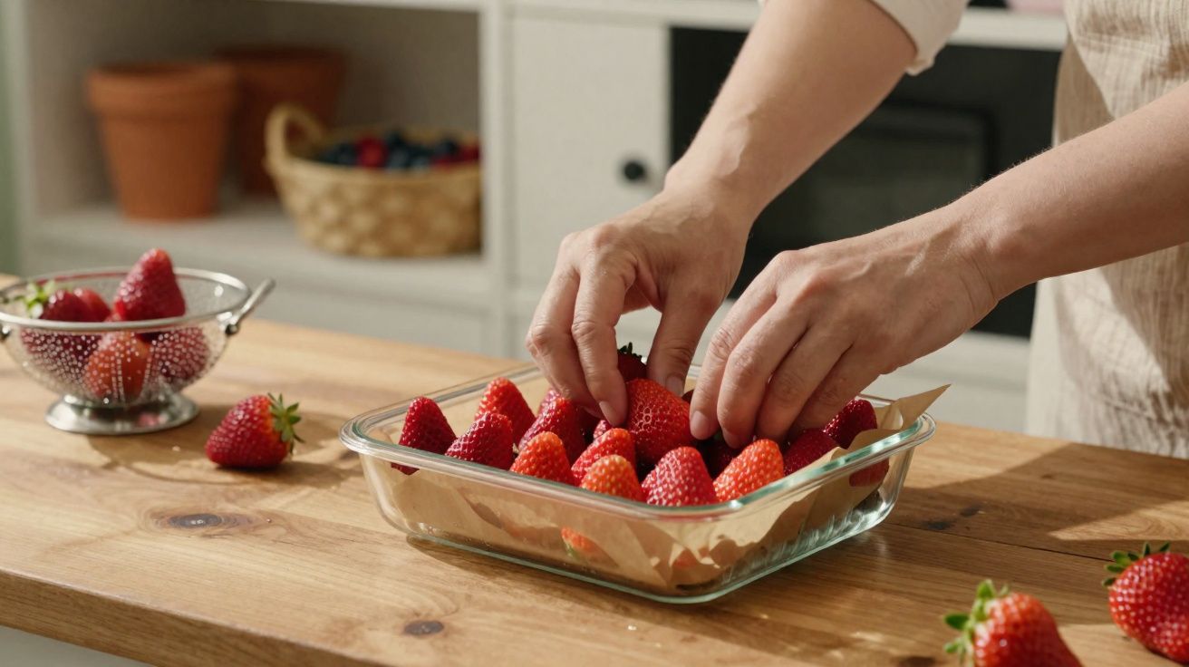Mãos a organizar morangos numa travessa de vidro sobre uma mesa de madeira numa cozinha.