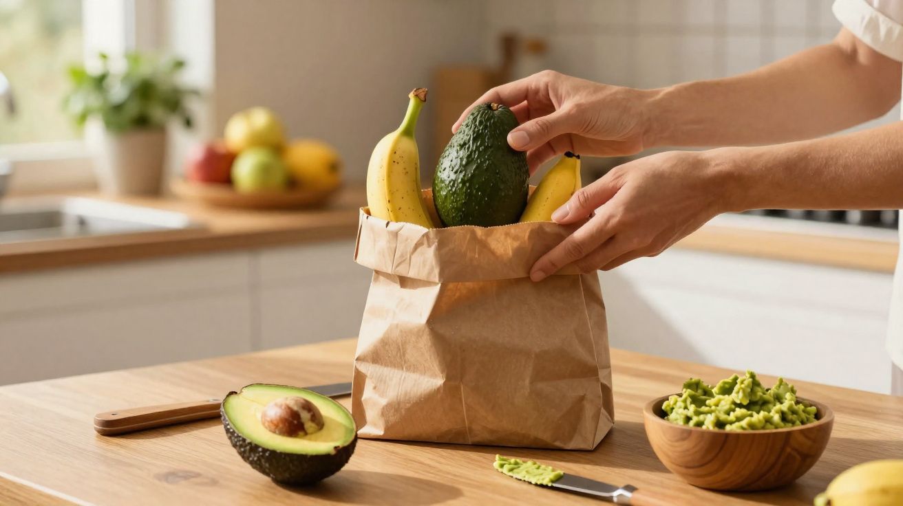 Mãos a colocar abacate e bananas num saco de papel numa cozinha com abacate cortado e puré à frente.