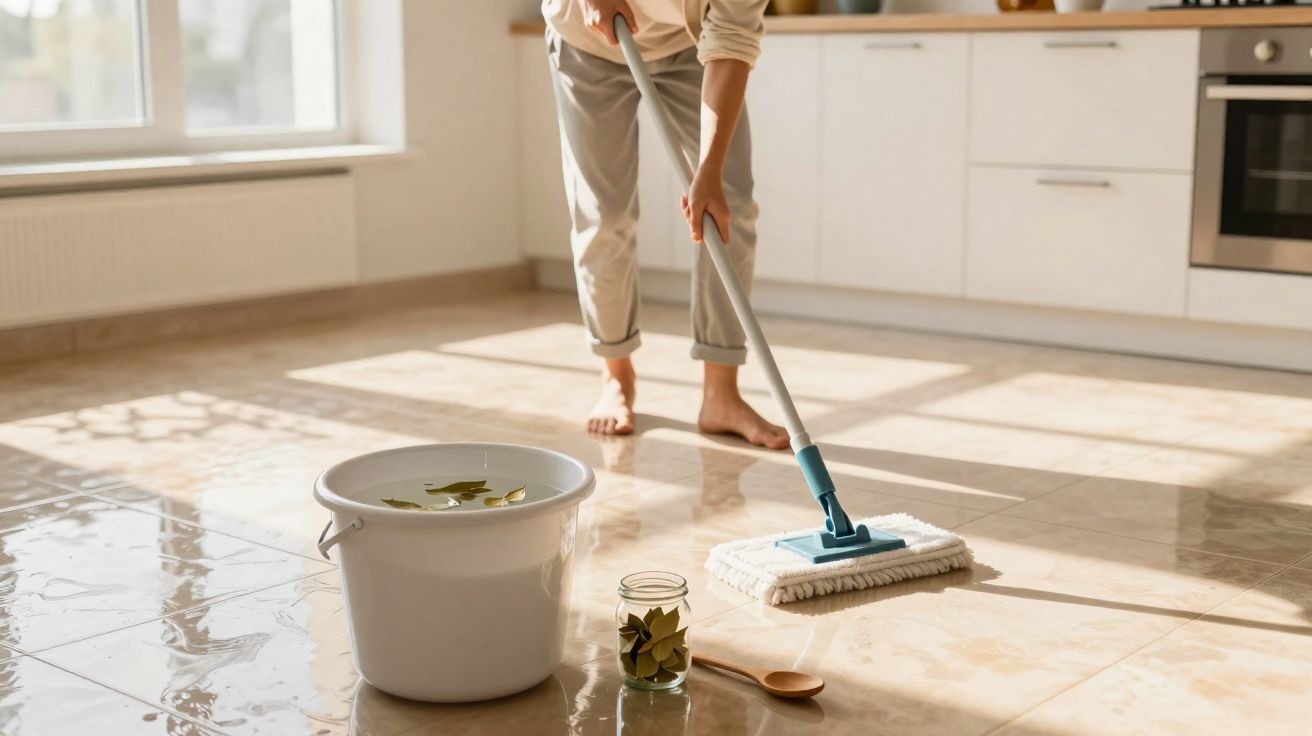 Pessoa a limpar o chão da cozinha com esfregona e balde de água com folhas.