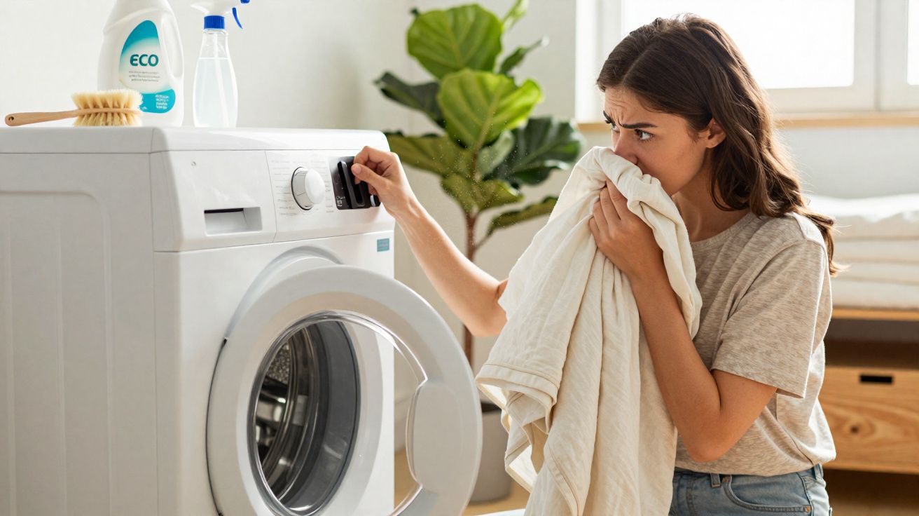 Mulher com expressão desconfortável cheira roupa suja perto da máquina de lavar branca numa divisão bem iluminada.