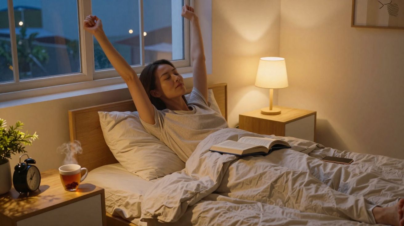 Mulher a espreguiçar-se na cama ao acordar, com um livro aberto e uma chávena de chá fumegante na mesa.