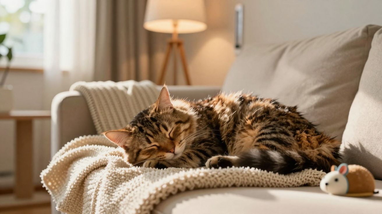 Gato tigrado a dormir numa manta creme sobre um sofá cinzento numa sala acolhedora e iluminada.