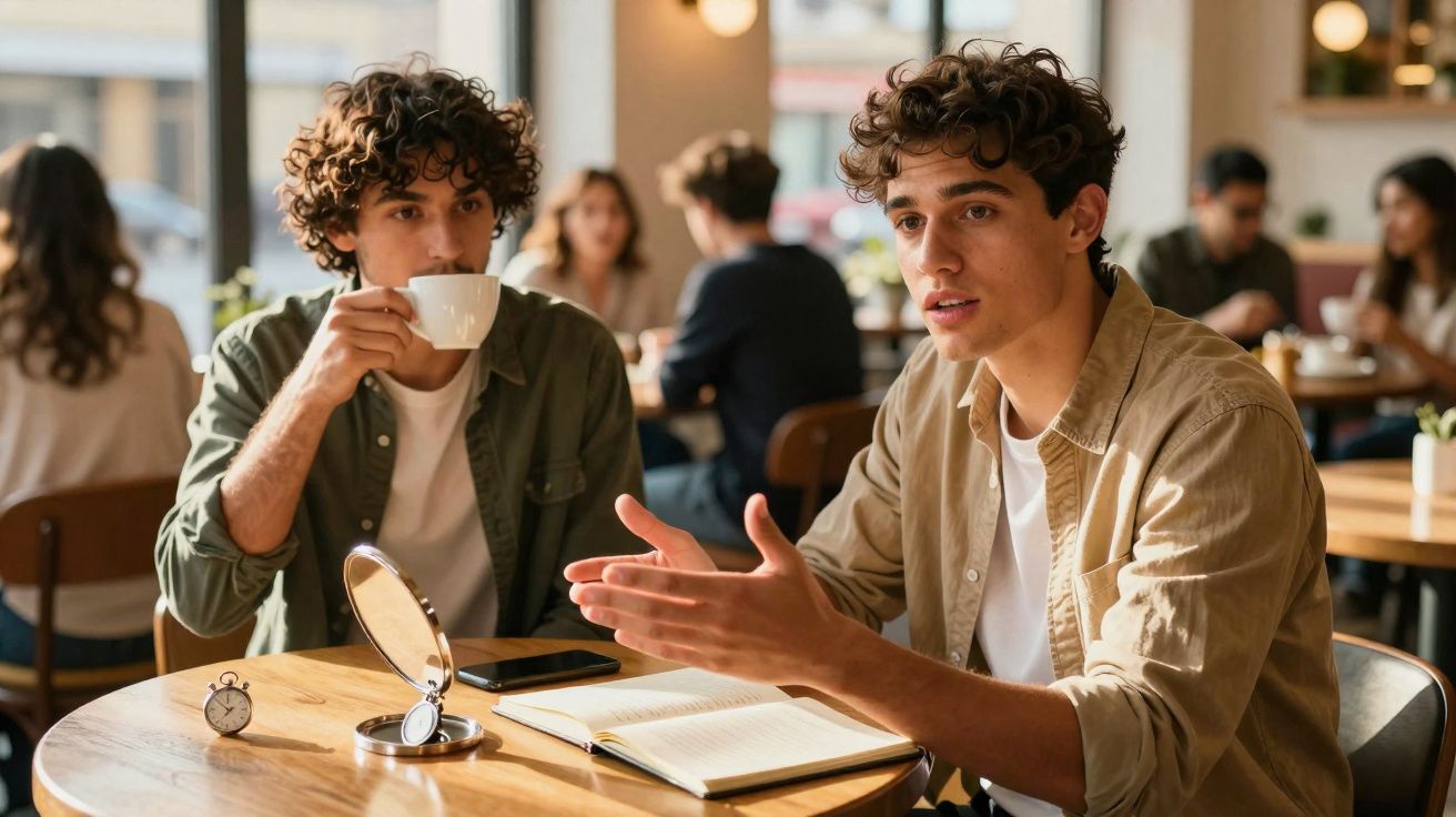Dois jovens conversam numa mesa de café com caderno aberto e uma chávena, ambiente acolhedor e casual.