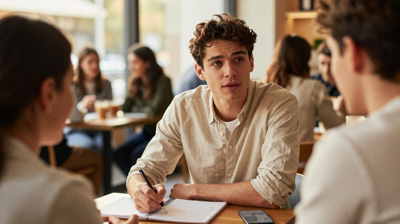 Jovem a tomar notas durante conversa com outras duas pessoas num café com ambiente descontraído.