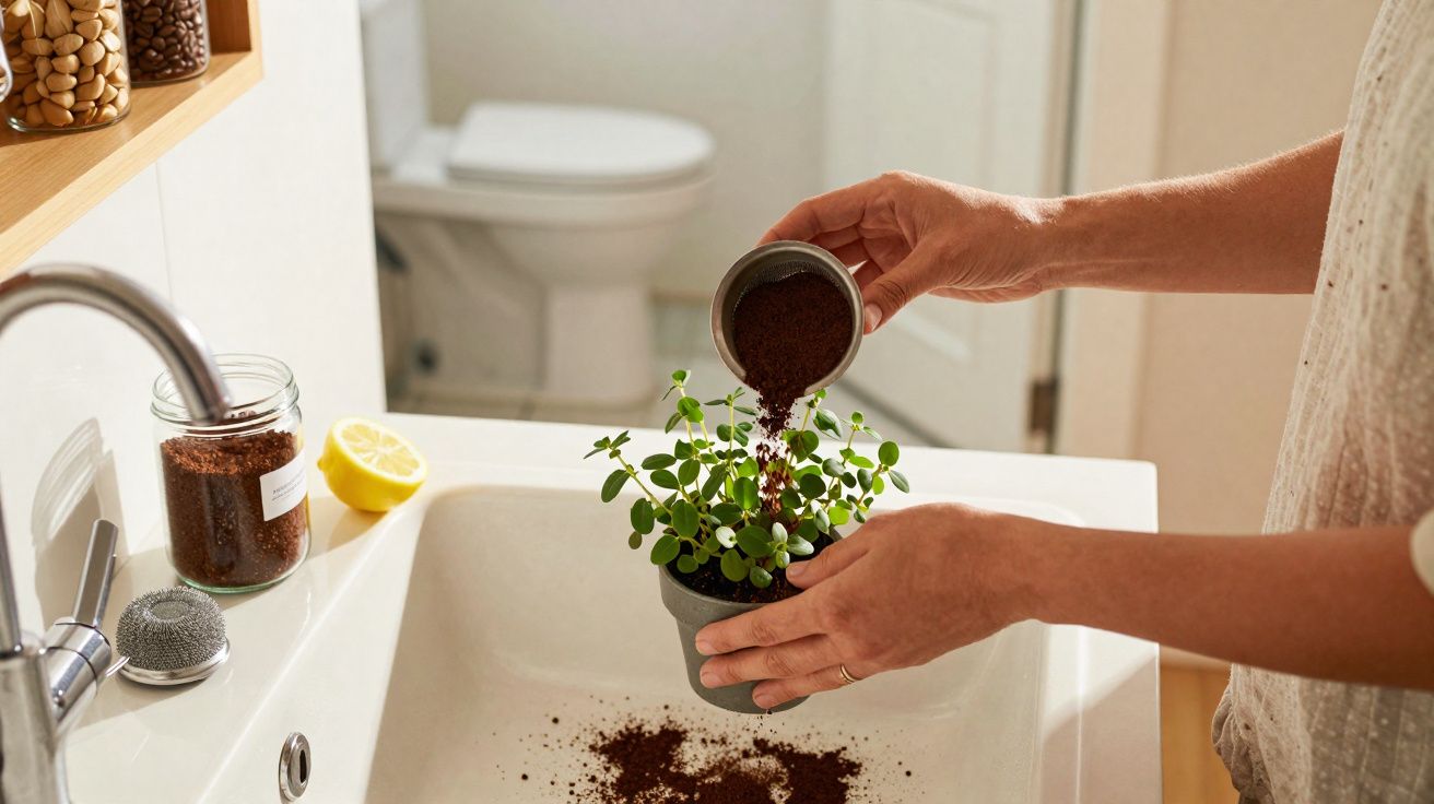 Pessoa a adubar planta com borras de café num vaso junto a uma pia de casa de banho.