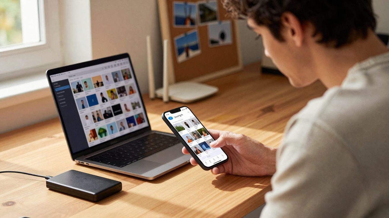 Pessoa sentada numa secretária a usar um smartphone e computador portátil com imagens numa aplicação aberta.