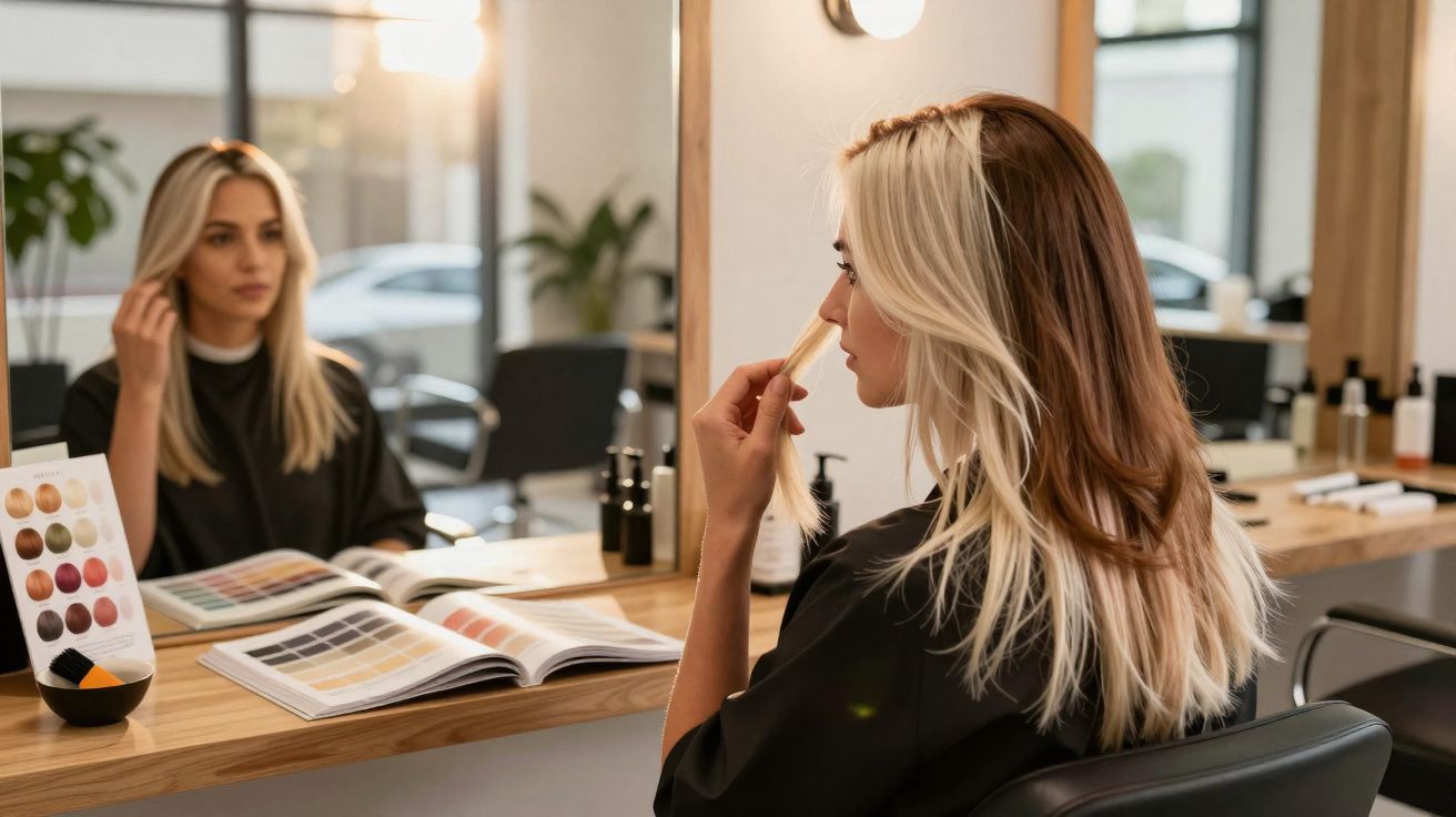 Mulher loira sentada no salão de beleza a escolher cor para pintar o cabelo olhando no espelho.