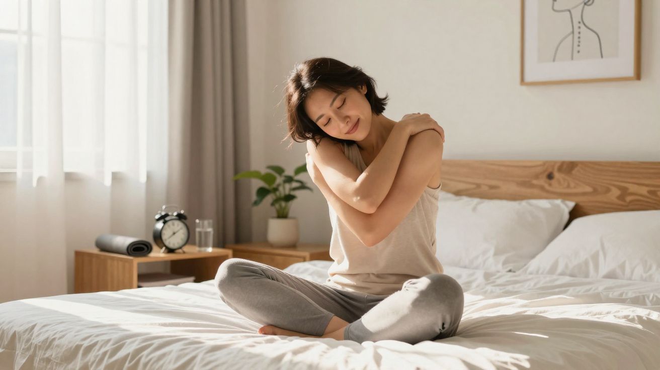 Mulher sentada na cama com as pernas cruzadas a abraçar-se num quarto iluminado e harmonioso.