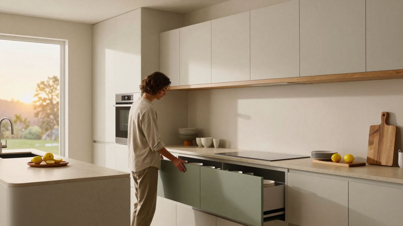Pessoa a abrir gaveta verde numa cozinha moderna com armários brancos e bancada clara.