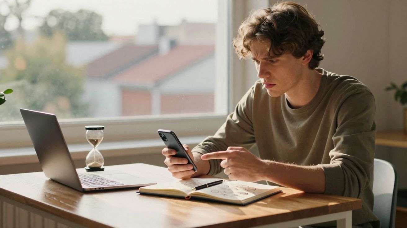Jovem sentado à mesa a usar telemóvel com computador portátil e caderno aberto num ambiente iluminado.