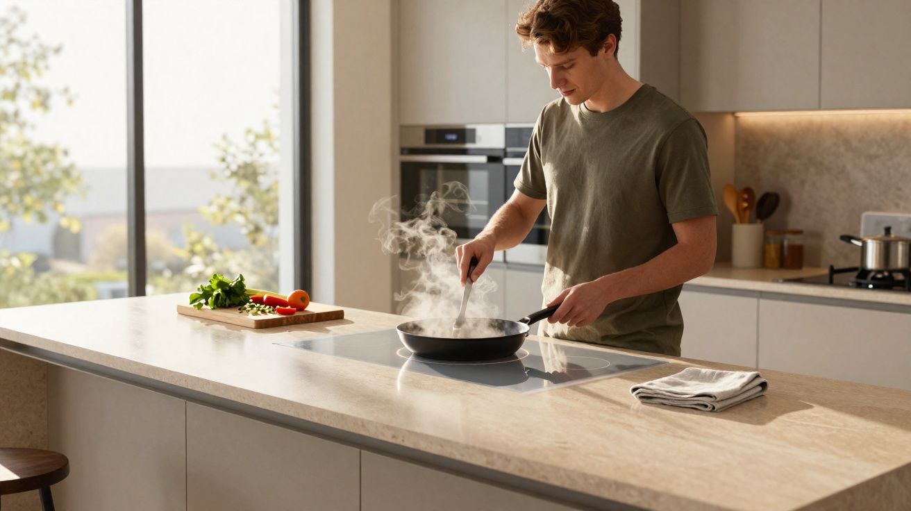 Homem está a cozinhar numa frigideira a vapor numa cozinha moderna, com legumes numa tábua ao lado.