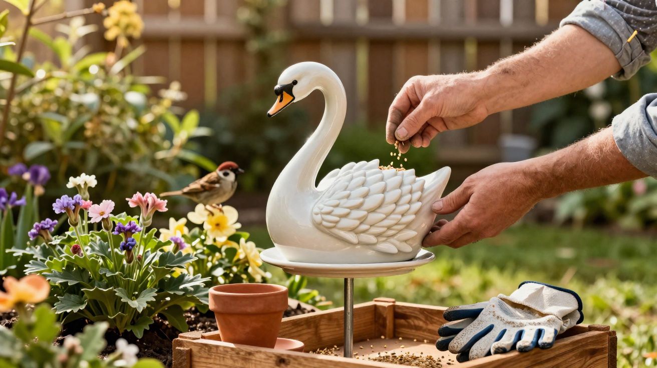 Mãos a alimentar pássaros com comedouro de cisne no jardim com flores coloridas ao fundo.