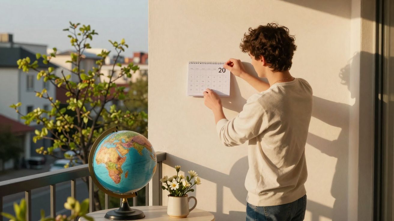 Pessoa jovem a pendurar calendário numa parede, com globo terrestre e flores numa mesa perto de uma varanda.