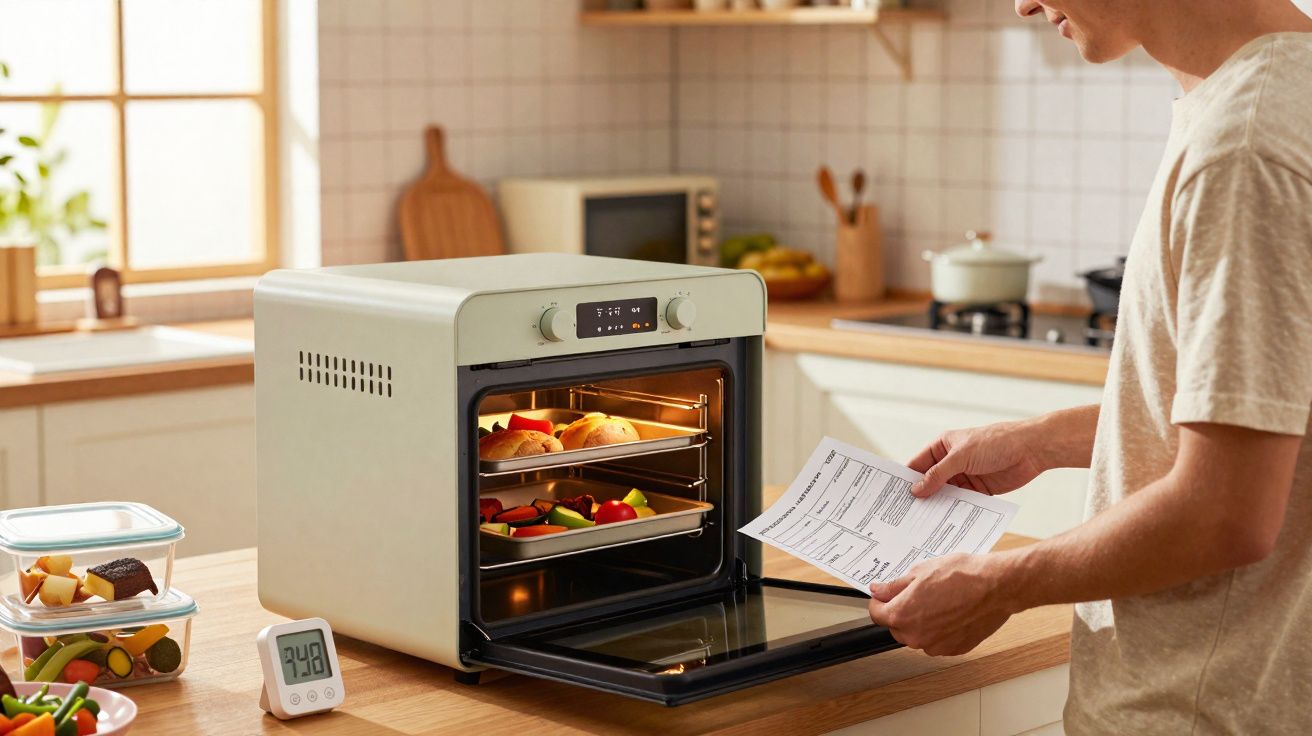 Pessoa a consultar receita enquanto usa forno elétrico compacto com alimentos dentro numa cozinha moderna.