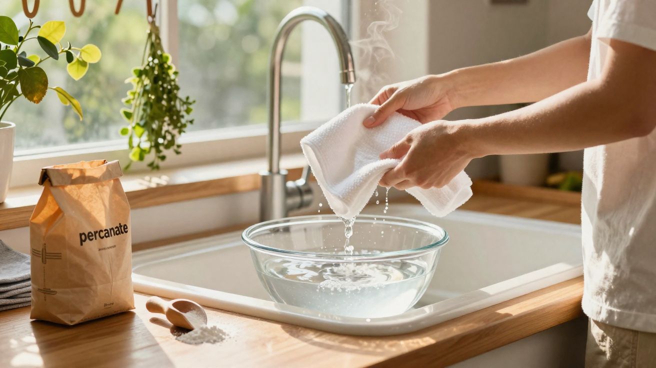 Pessoa a espremer um pano húmido sobre uma tigela de vidro na cozinha iluminada natural.