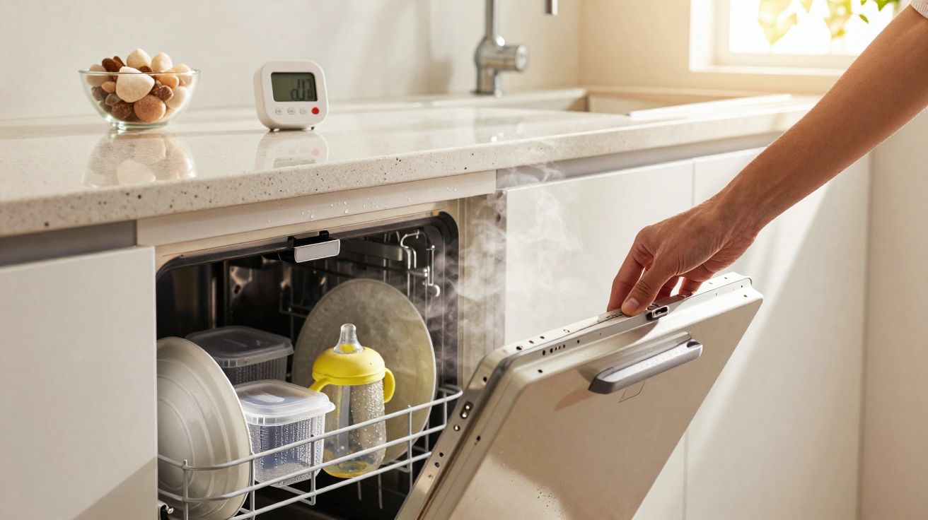 Mão a abrir uma máquina de lavar loiça com loiça e biberão a sair vapor na cozinha clara.