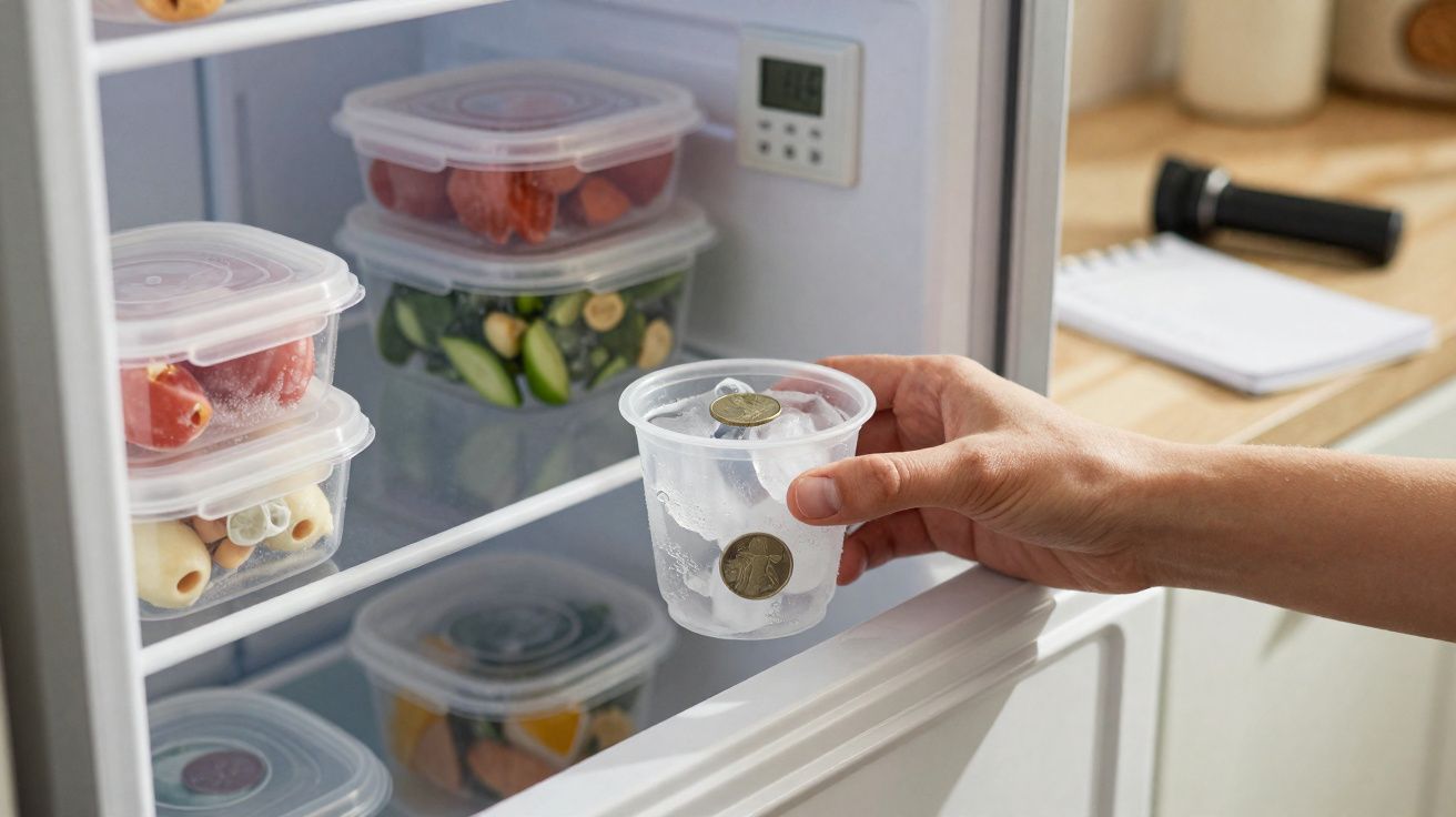 Mão a segurar copo de gelo com moedas dentro junto a um frigorífico aberto com alimentos em caixas plásticas.