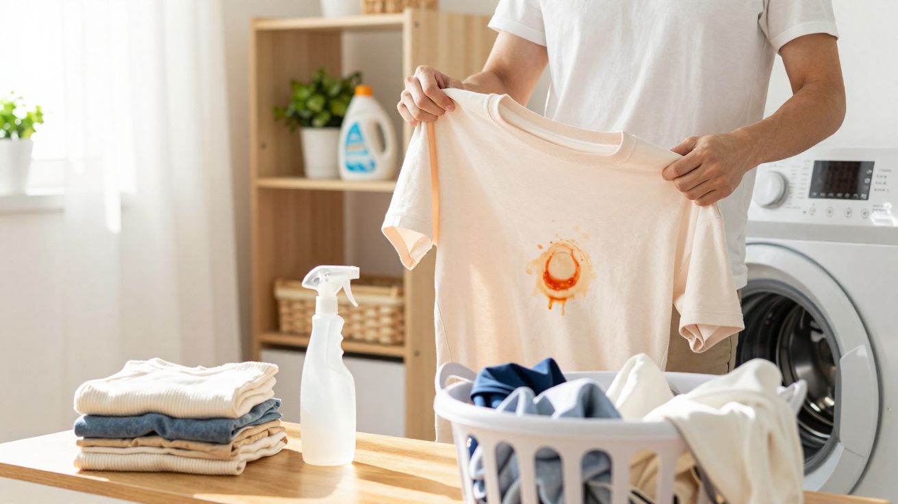 Pessoa a segurar camisola com nódoa de molho vermelho, ao lado de roupa, pulverizador e máquina de lavar roupa.