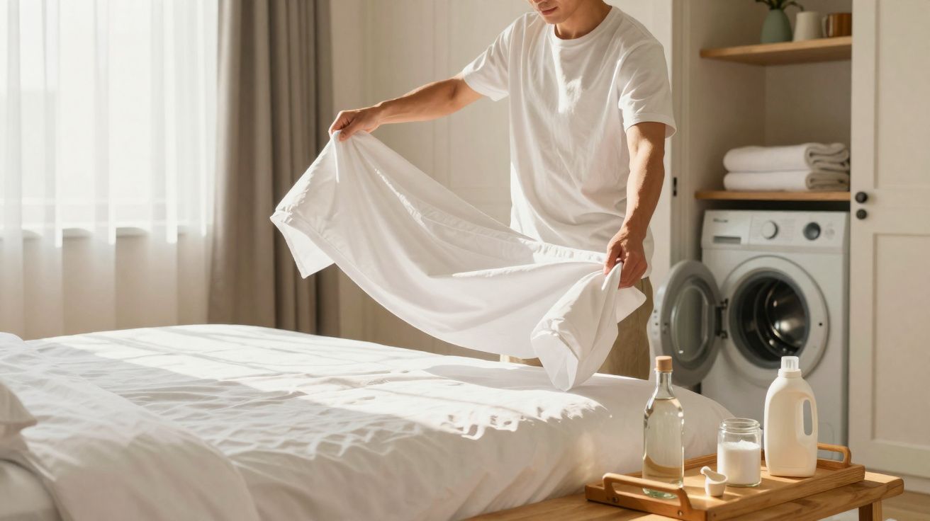 Pessoa a estender lençol branco em cama com roupa lavada, perto de máquina de lavar roupa na divisão.