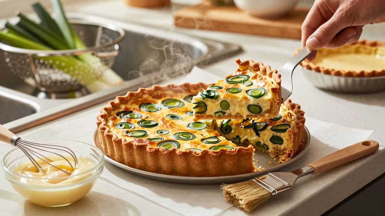 Tarte quente de legumes com fatia a ser retirada, num balcão de cozinha com utensílios e vegetais ao fundo.