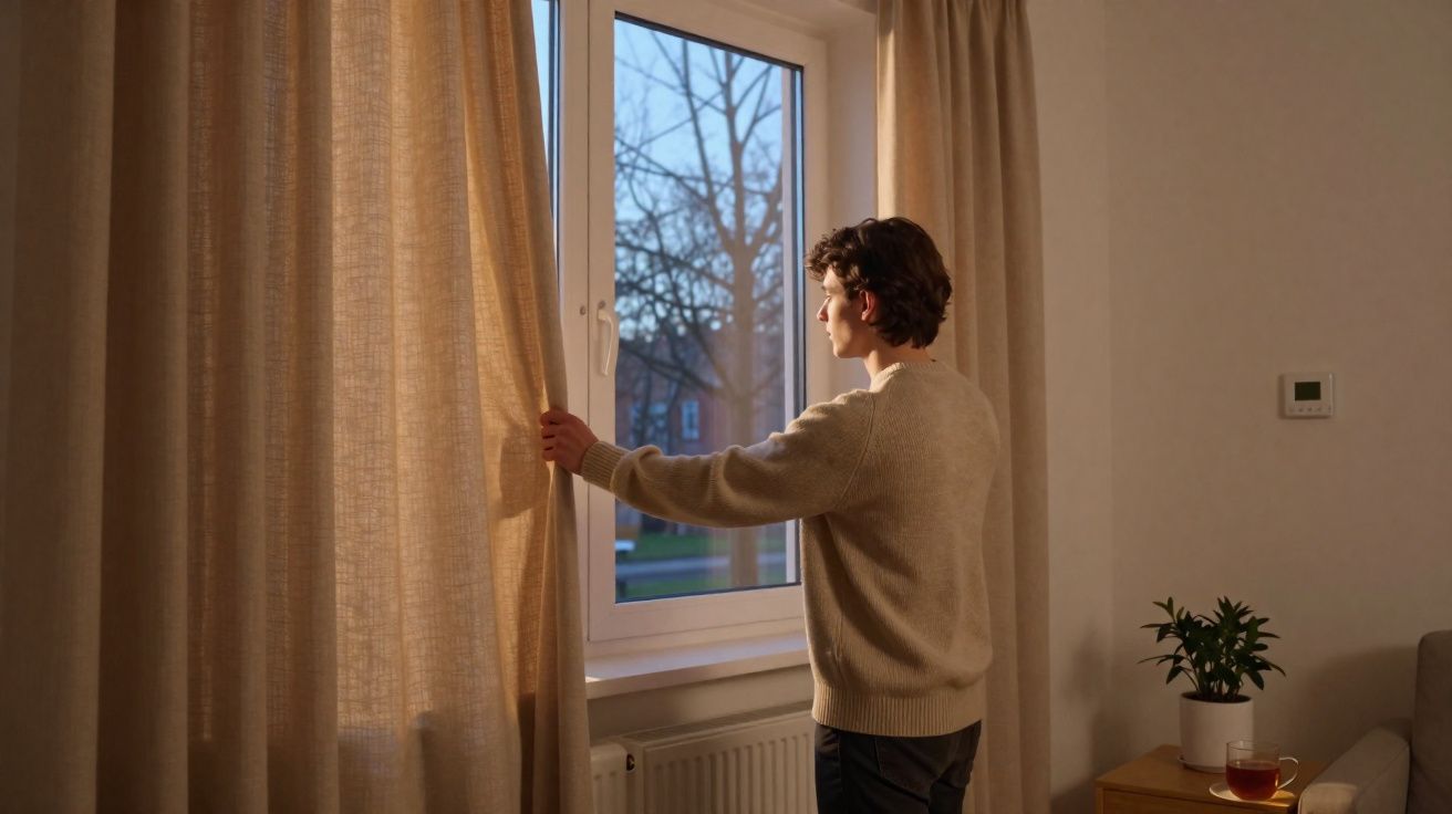 Homem a abrir cortinas bege junto a janela numa sala iluminada pela luz natural do fim da tarde.