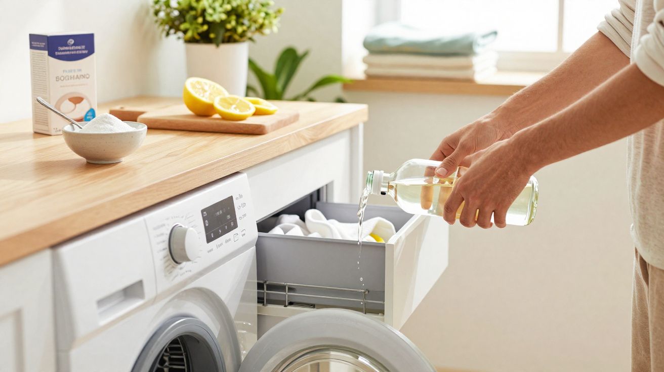 Pessoa a colocar vinagre num compartimento da máquina de lavar roupa numa cozinha luminosa.