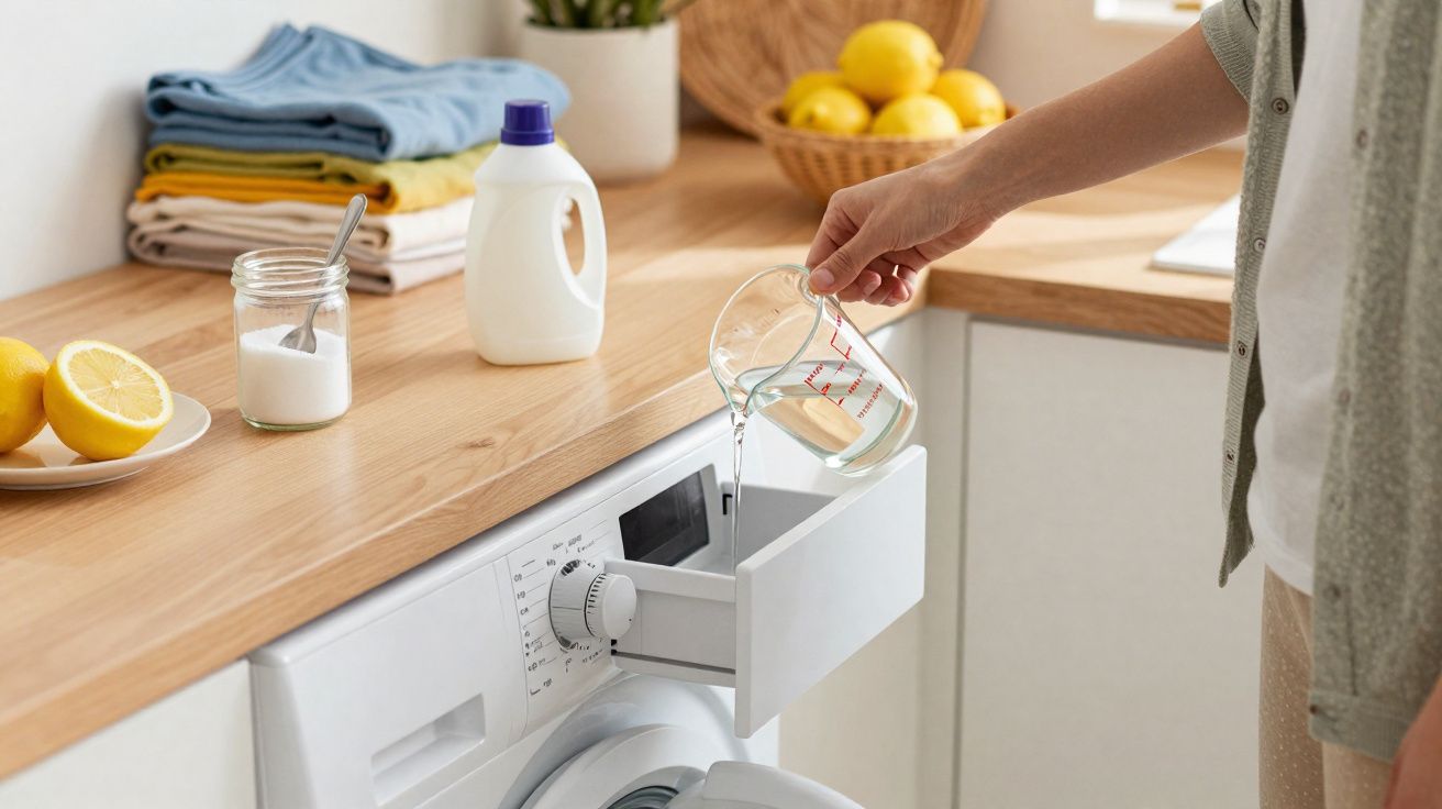 Pessoa a verter líquido numa gaveta de detergente de máquina de lavar roupa numa cozinha luminosa.