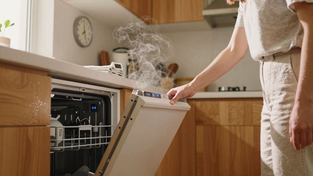 Pessoa a abrir a máquina de lavar loiça com vapor a sair numa cozinha moderna com armários de madeira.