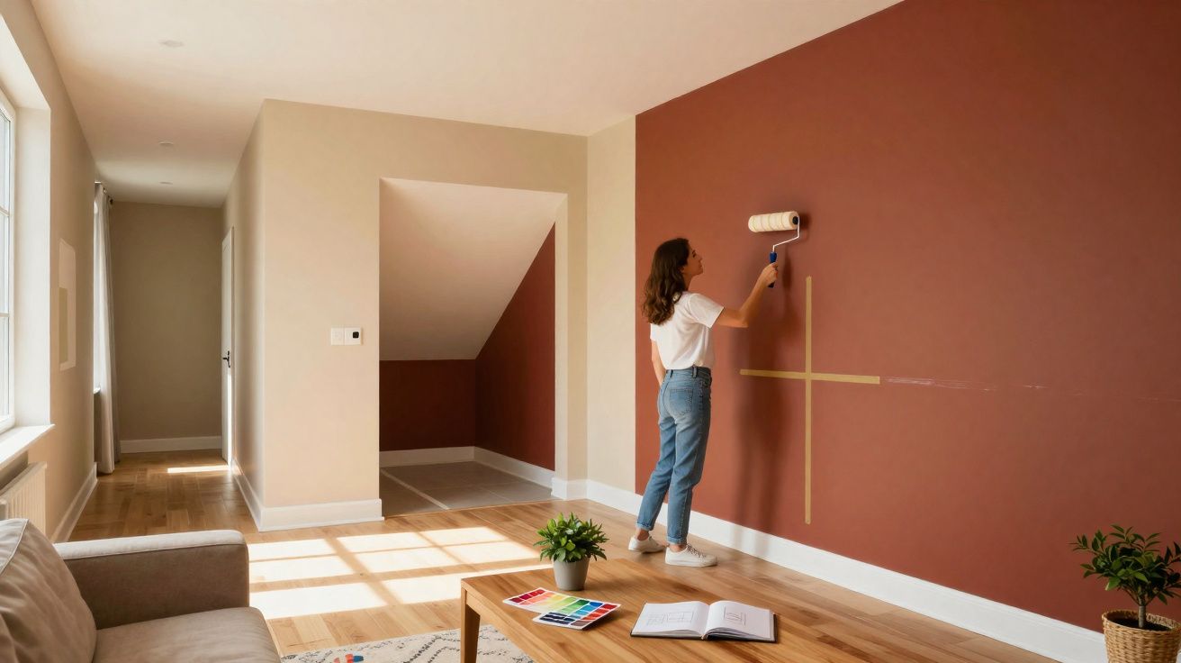 Mulher a pintar uma parede de vermelho numa sala iluminada com janelas grandes e móveis simples.