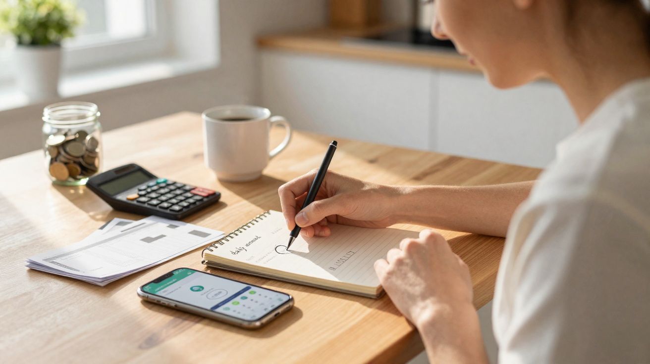Pessoa a fazer contas num caderno com calculadora, smartphone, moedas e chávena numa mesa de madeira.