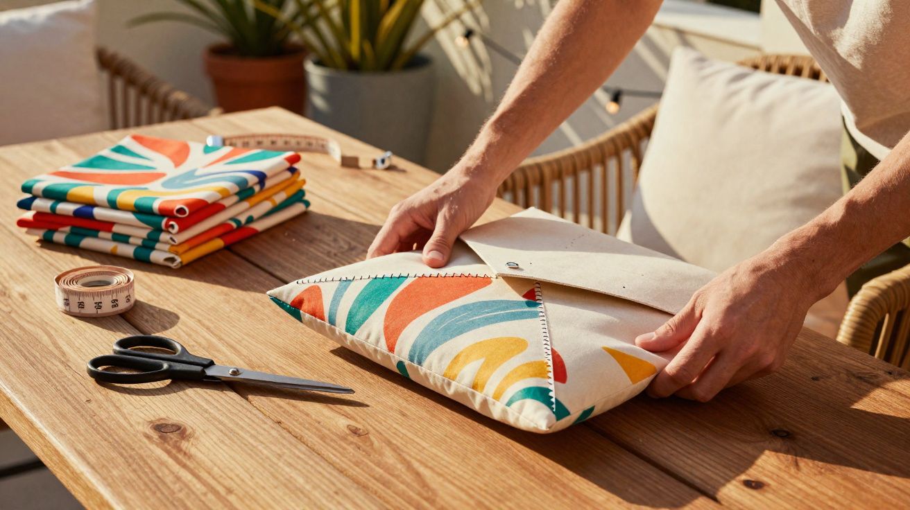 Mãos fechando uma capa colorida de almofada sobre mesa de madeira com tesoura e fita métrica ao lado.