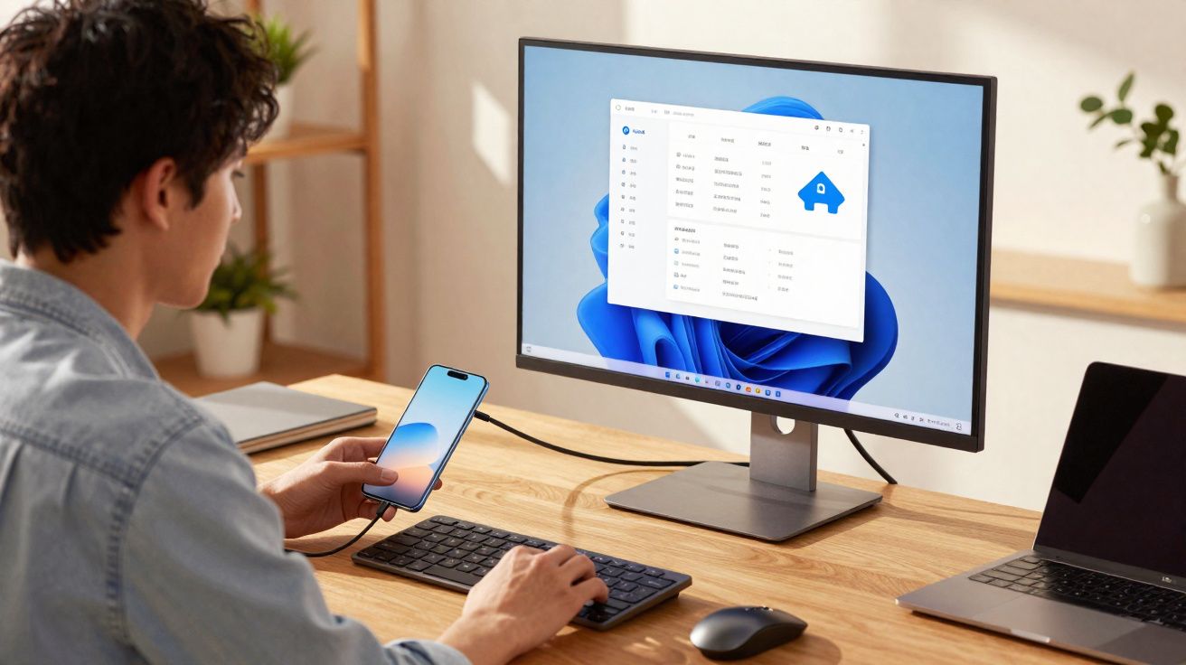 Pessoa a usar smartphone conectado a computador com ecrã a mostrar interface do Windows 11 numa secretária.