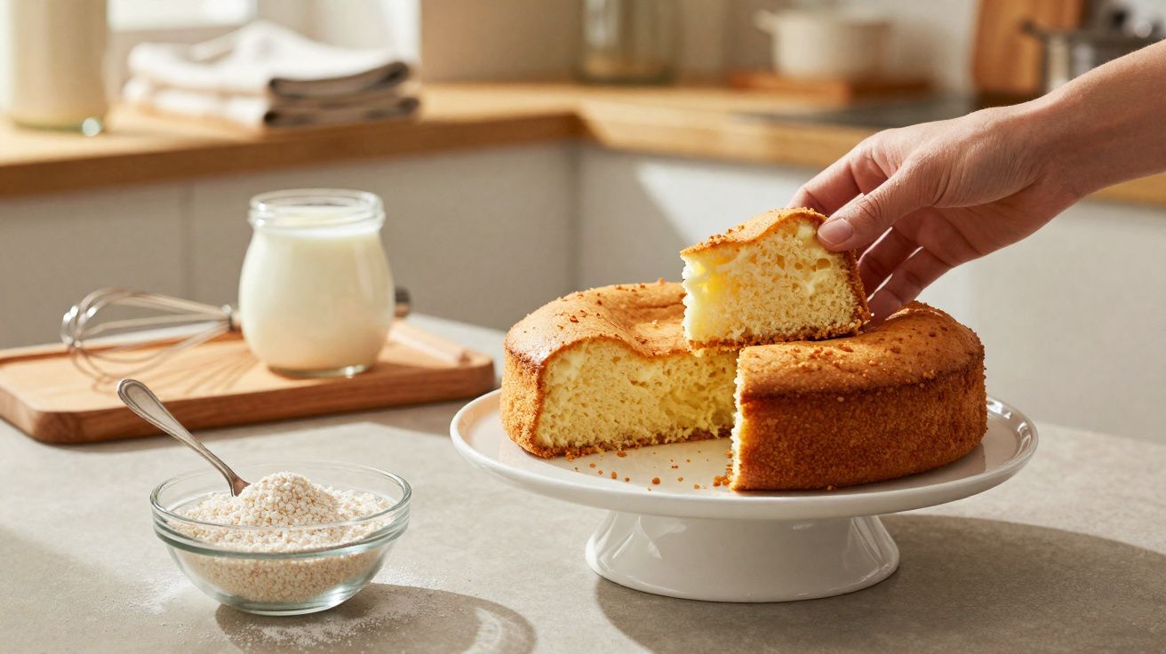 Bolo amarelo caseiro num prato branco, com uma mão a retirar uma fatia na cozinha.