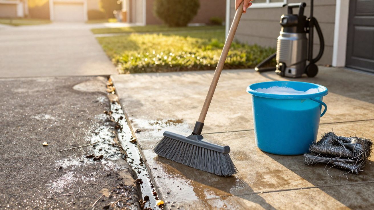 Pessoa a varrer piso exterior com balde azul, esfregona e equipamento de limpeza ao lado.