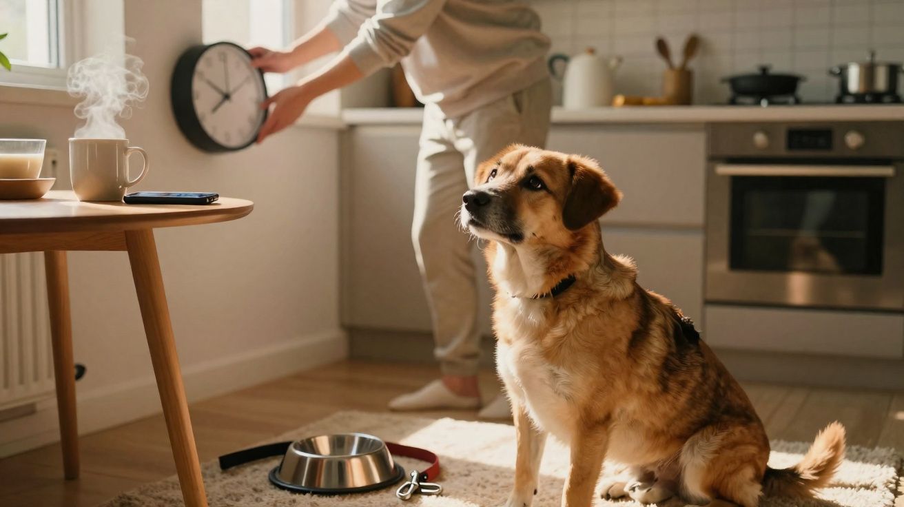 Cão sentado na cozinha com tigela e trela no chão, enquanto pessoa ajusta um relógio perto da janela.